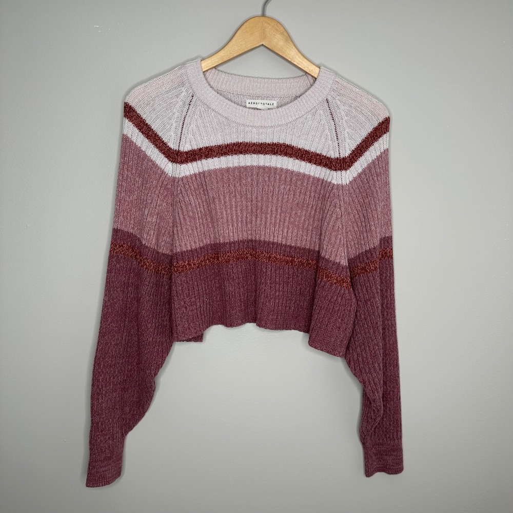 Aeropostale Striped Cropped Sweater‎ Knit Pullover Top Mauve Pink Medium
